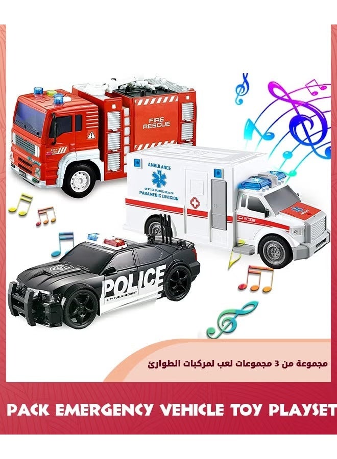 3 حزمة سيارات الطوارئ لعبة Playsets-الإسعاف,شاحنة الإطفاء,سيارة الشرطة,الاحتكاك تعمل المركبات مع الضوء والصوت,المركبات لعبة مجموعة سيارات الأطفال الصغار,هدايا للأطفال الصغار الأولاد 3+ - Image 1